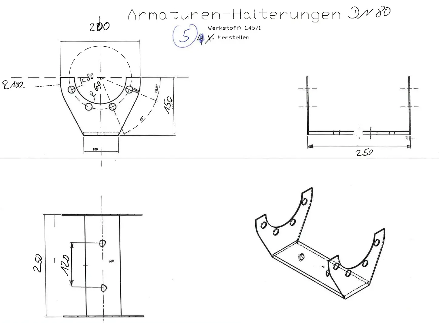 Technische Zeichnung mit handschriftlichen Eintragungen für die Anpassung an die Anforderungen des Kunden ( Quelle: CAD Zeichenbüro für Bauwesen und Maschinenbau )